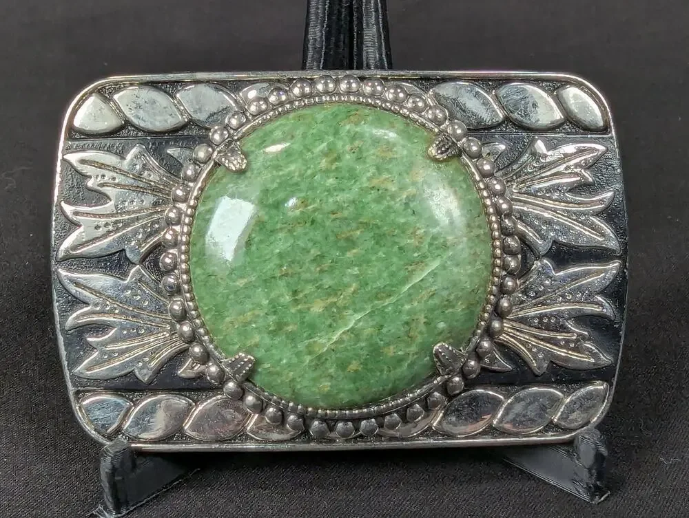 Vintage Western Style Belt Buckle Green Stone Cabochon Leaf Motif Women Acces...